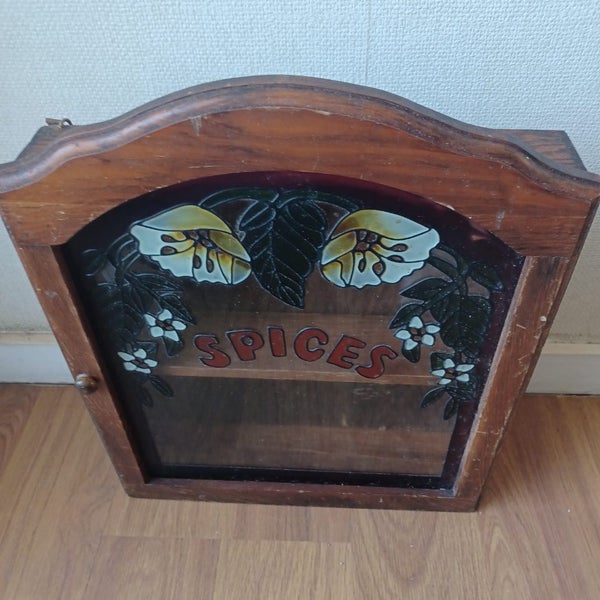 VINTAGE STAINED GLASS OR LEAD LIGHT GLASS AND WOOD SPICE CABINET Carousel 2