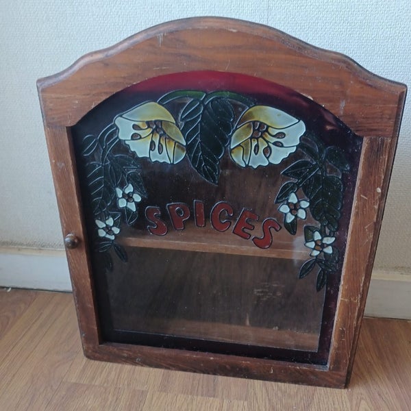 VINTAGE STAINED GLASS OR LEAD LIGHT GLASS AND WOOD SPICE CABINET Carousel 1