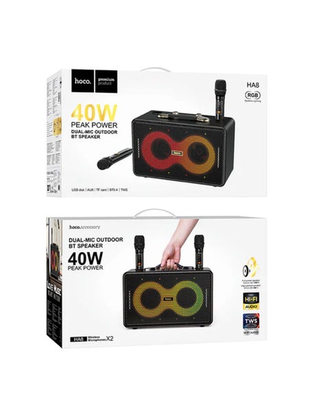 Hoco Portable Bluetooth Speaker - Wireless Mic x 2 RGB Light (HA8) - Black Carousel 8