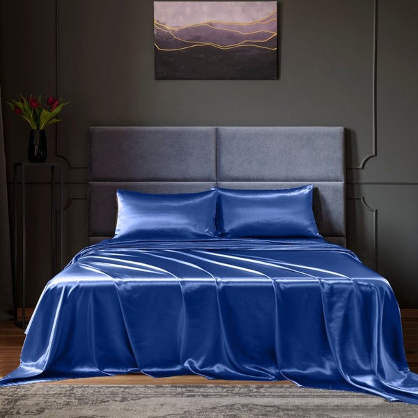 Royal Comfort Satin Sheet Set 4 Piece Fitted Flat Pillowcases King Navy Blue Carousel 2