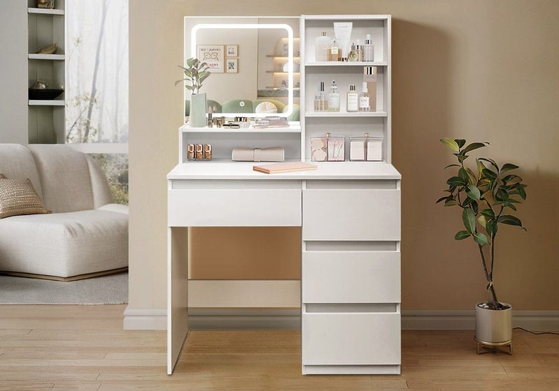 Makeup Vanity Dressing Table Desk White Dresser with Mirror LED Light Strip Carousel 1