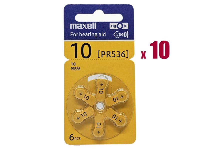 size 10 Maxell hearing aid - 60 batteries (1 box) / P10 / PR70 Carousel 2