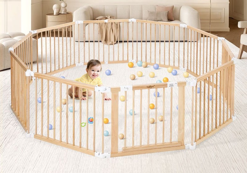 Kidbot Baby Playpen 10 Panel Wooden Safety Gate Kids Pet Dog Activity Centre Carousel 1