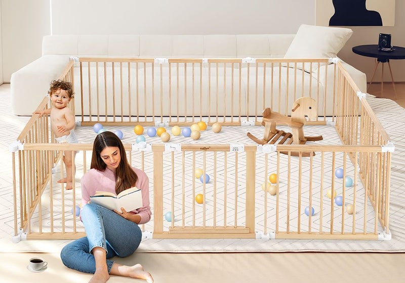 Kidbot Baby Playpen 10 Panel Wooden Safety Gate Kids Pet Dog Activity Centre Carousel 2