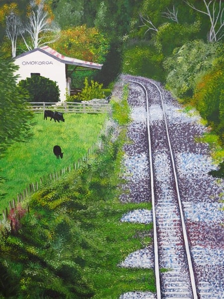 “Omokoroa Railway Station” Original NZ Acrylic Painting by Deidre Eichler