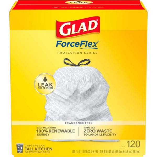 Glad ForceFlex Tall Kitchen Drawstring Trash Bags, 13 Gal, Fragrance Free, 120 C Carousel 2