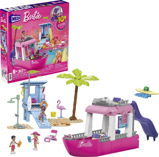 Mega Barbie Kids Building Toy Set, Malibu Dream Boat with 317 Pieces, 2 Micro-Do Carousel 1