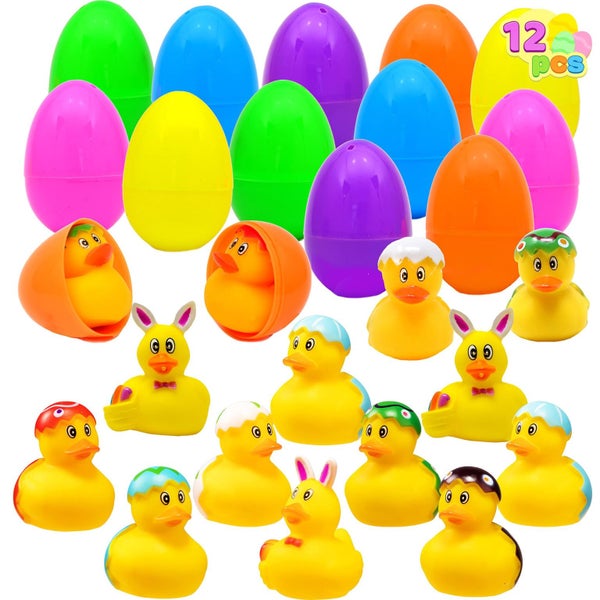 JOYIN 12 Pcs Filled Easter Eggs with Rubber Duck and Rabbit Duckies, Bright Colo Carousel 1
