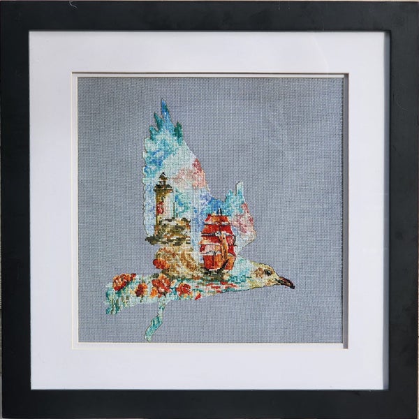 Seagull at sunset finished cross stitch picture by Olena Polyakova Carousel 2
