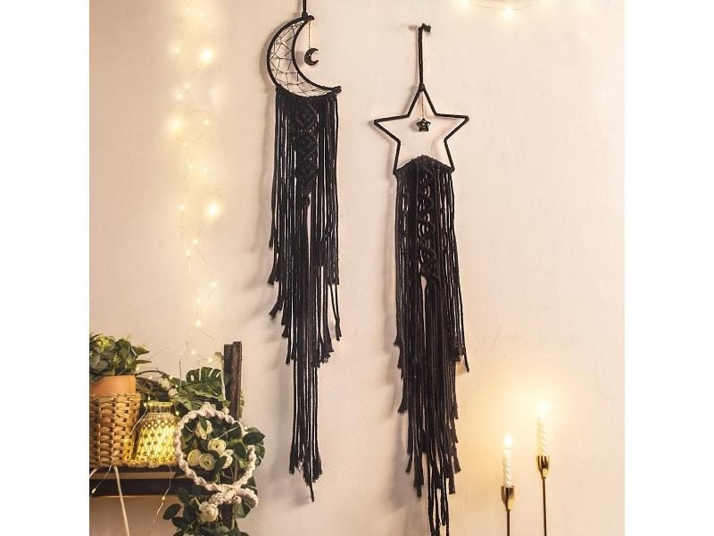 Pink Macrame Moon Star Dream Catcher Wall Hanging Tapestry Boho Home Decor Carousel 1