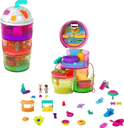 Polly Pocket 2-in-1 Travel Toy Playset, Spin 'N Surprise Smoothie with Micro Pol Carousel 1