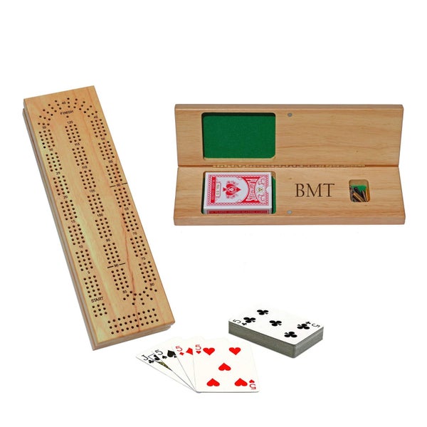 WE Games Custom Engraved Wooden Cribbage Set - 3 Track, Pegs, Cards, and Storage Carousel 1