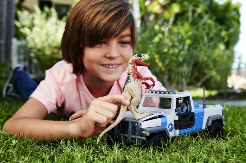 Mattel Jurassic World Search 'n Smash Truck Set with Atrociraptor Dinosaur & Hum Carousel 2