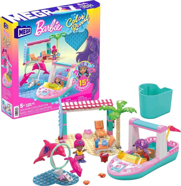 MEGA Barbie Color Reveal Building Toy Playset, Dolphin Exploration with 121 Piec Carousel 1