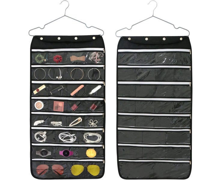 Hanging Jewelry Organizer with 56 Zipper Pockets Double Sided Hanging Jewel Carousel 1