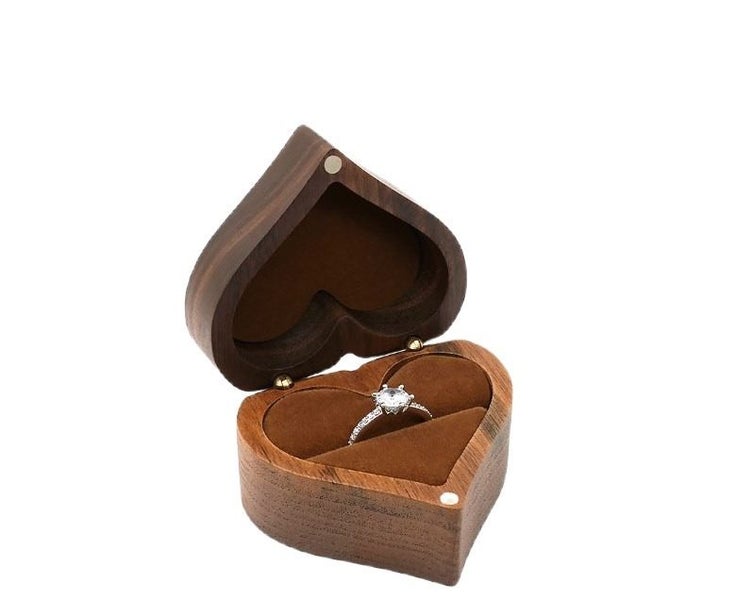 Wooden Jewelry Box Heart Ring Display Box Engagement Ring Storage--Coffee B Carousel 1
