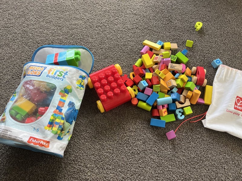 Bulk assorted mega bloks, wooden building blocks, fruit & vegetables cut blocks Carousel 1