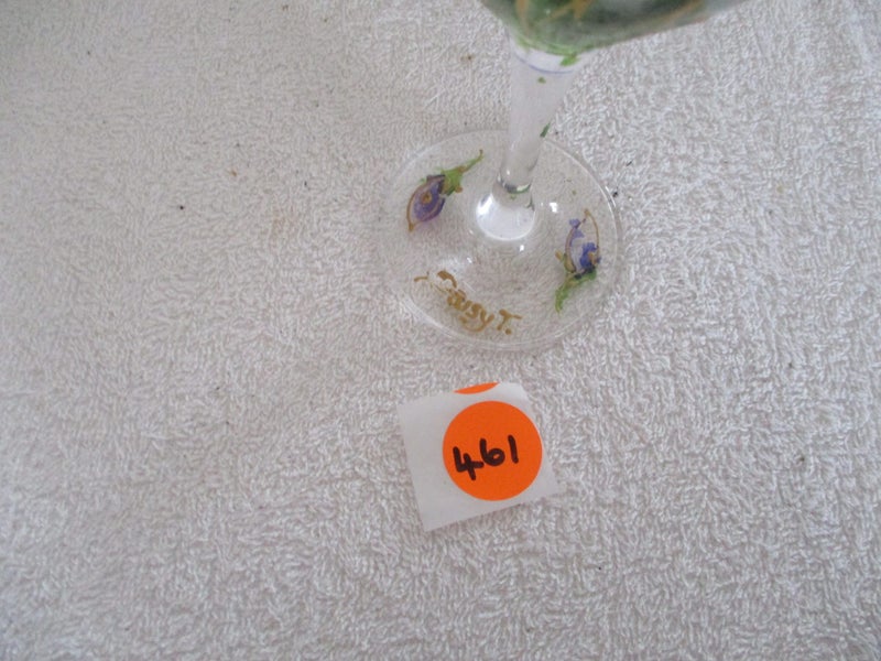 Floral wine goblet has daisy+ written on it Carousel 3