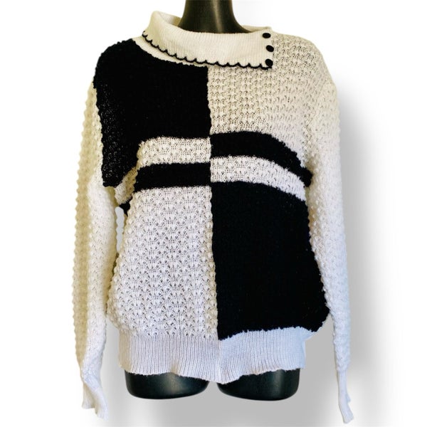 Vintage Black & White Squares Knit Sweater - Retro, Cozy & Stylish64366137317889110