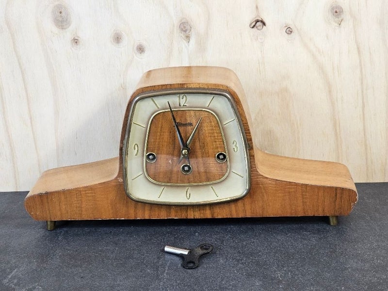 Mid Century 'Minuette' Mantel Clock. Deco in Appearance. Working with Key. Carousel 1