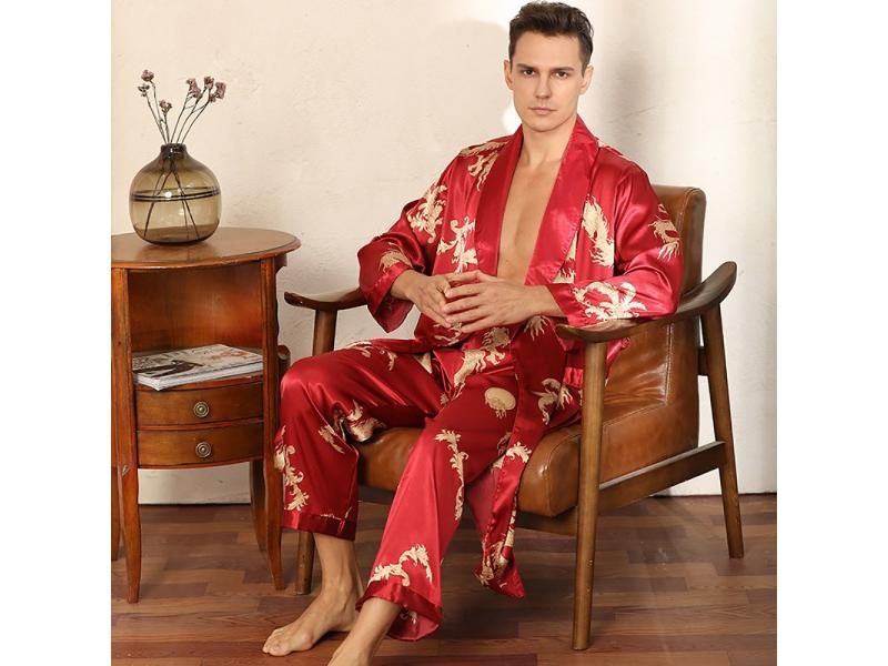 Luxury Dragon Print Men's Kimono Black Satin Long Robe Sets Summer Ultra Thin Carousel 1