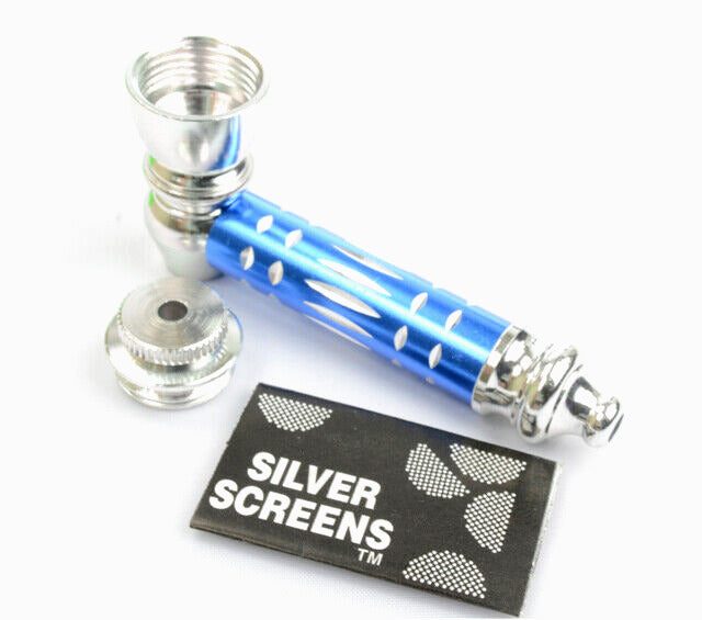 Metal Smoking Pipe BLUE w/Lid Bowl Hand Portable Tobacco Smoking Pipes Screens Carousel 1