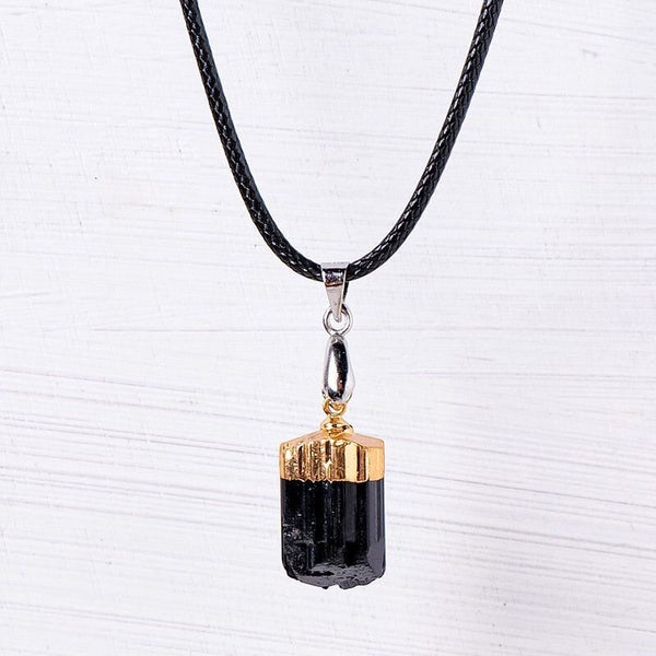 Raw Natural Black Tourmaline Plated Gold Quartz Crystal Pendant Necklace Healing Carousel 1