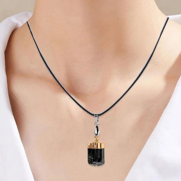 Raw Natural Black Tourmaline Plated Gold Quartz Crystal Pendant Necklace Healing Carousel 2
