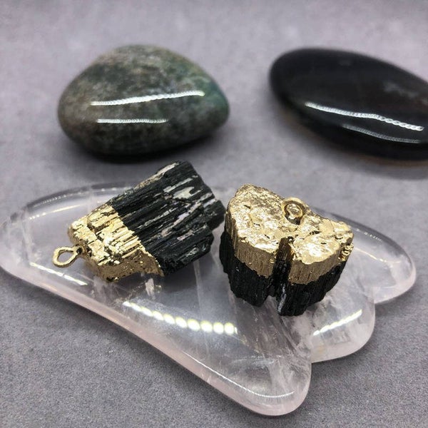 Raw Natural Black Tourmaline Plated Gold Quartz Crystal Pendant Necklace Healing Carousel 17