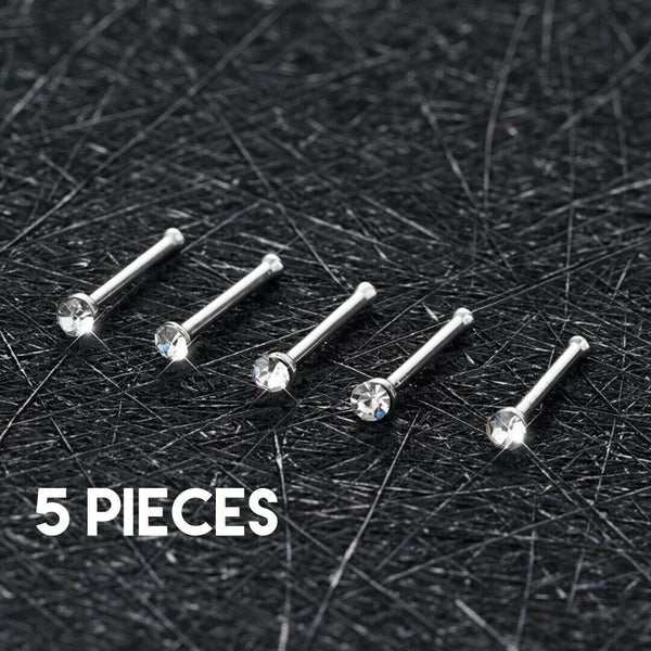 5 Piece Lot of Surgical Steel Pin Shaped Silver Nose Rings Clear Color 20G Studs Carousel 1