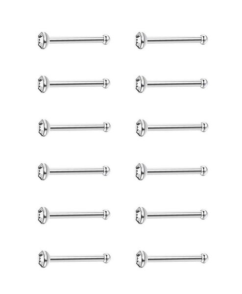 5 Piece Lot of Surgical Steel Pin Shaped Silver Nose Rings Clear Color 20G Studs Carousel 3