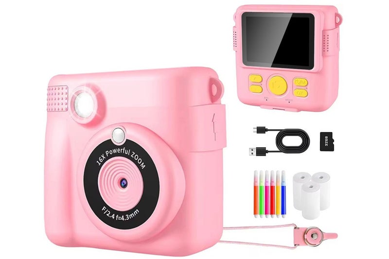 Instant Print Camera for Kids Zero Ink Print Photo Camera with 32G TF Card-Pink Carousel 1