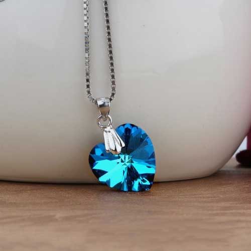 925 Sterling Silver Premium Crystal Heart Necklace "Esmeralda" (Blue) Carousel 2