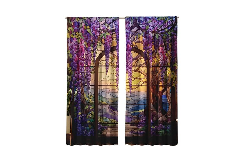 2Pcs Stained Glass Purple Floral Leaves Rod Pocket Window Drapes For Bedroom Dec Carousel 1