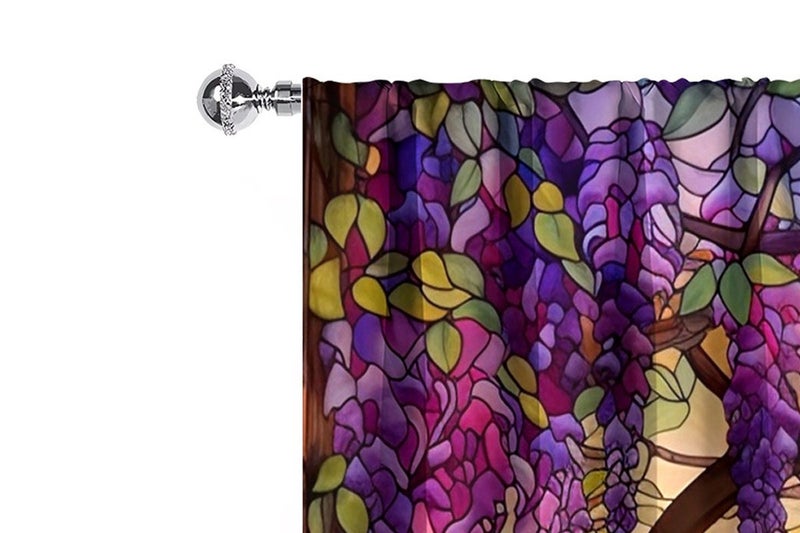 2Pcs Stained Glass Purple Floral Leaves Rod Pocket Window Drapes For Bedroom Dec Carousel 7