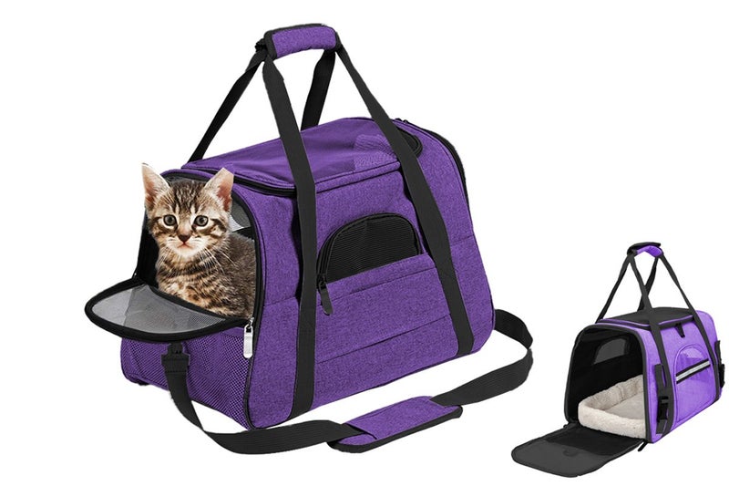 Pet Travel Bag with Hand Warmer Pocket Carrier for Dogs Cats Puppies-Purple Carousel 1