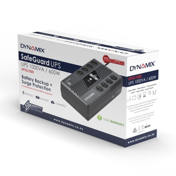 Dynamix UPSG1000 SafeGuard 1000VA/600W Line Interactive UPS, 4 x NZ Battery Back Carousel 3