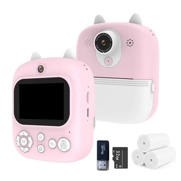 Instant Print Camera for Kids with 3 Rolls Print Paper and 32GB Memory Card-Pink Carousel 1
