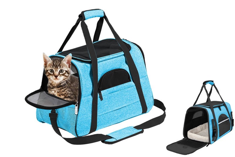 Pet Travel Bag with Hand Warmer Pocket Carrier for Dogs Cats Puppies-Light Blue Carousel 1
