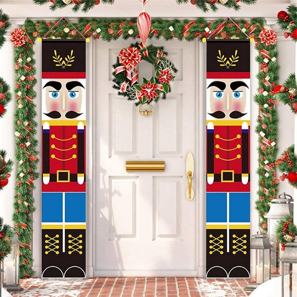 1Pair Christmas Banners Hanging Flags Nutcracker Knight Xmas Ornaments for Porch Carousel 2