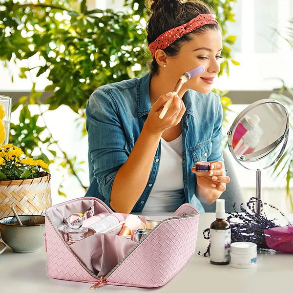 Large Capacity Travel Cosmetic Bag Organizer Makeup with Brushes Slots Dividers Carousel 2