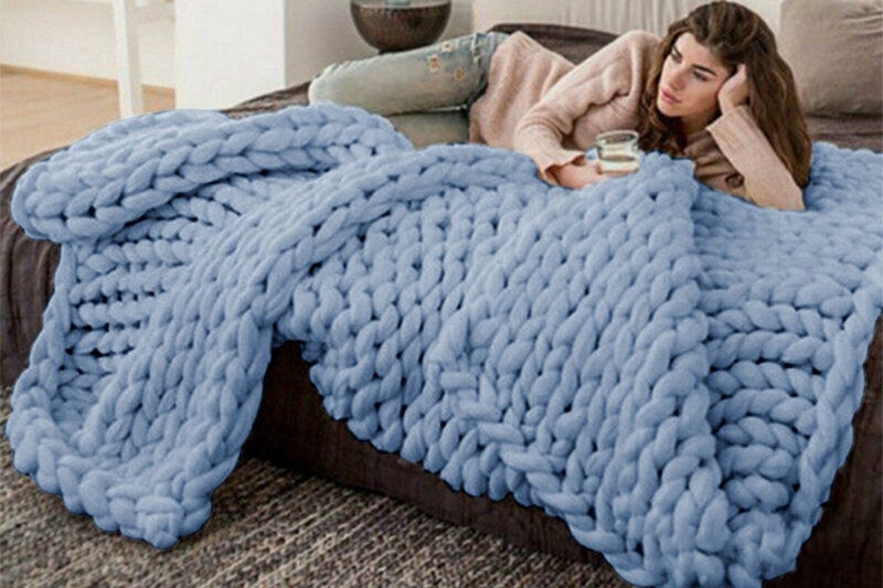 Handmade Chunky Knit Soft Blanket Throw For Couch Home Decor-Blue Carousel 2