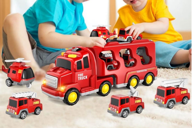 Transport Toy Truck Set with 6 Mini Cars LED Sound Vehicle-Red Carousel 2