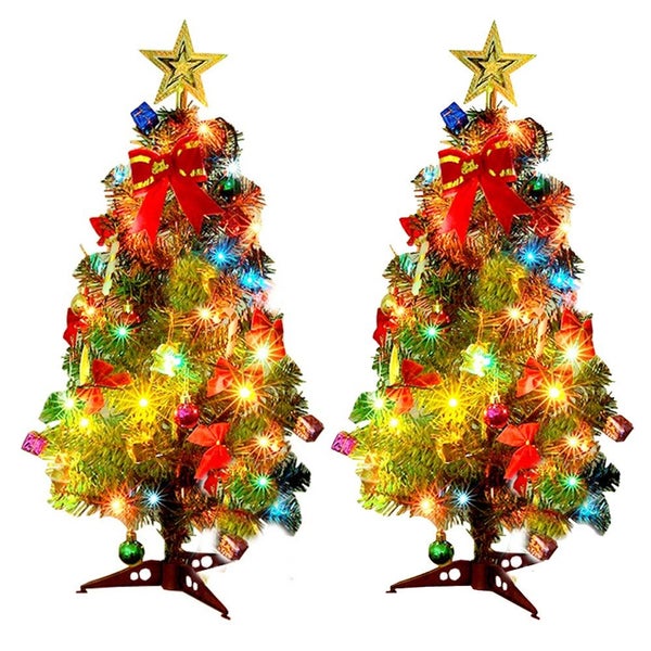 2pcs Tabletop Christmas Tree Artificial Mini Xmas Pine Tree with LED String Ligh Carousel 2