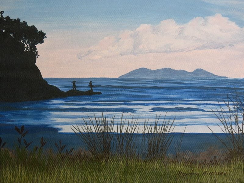 "Waihi Beach and Mayor Island" Original NZ Acrylic Painting by Deidre Eichler