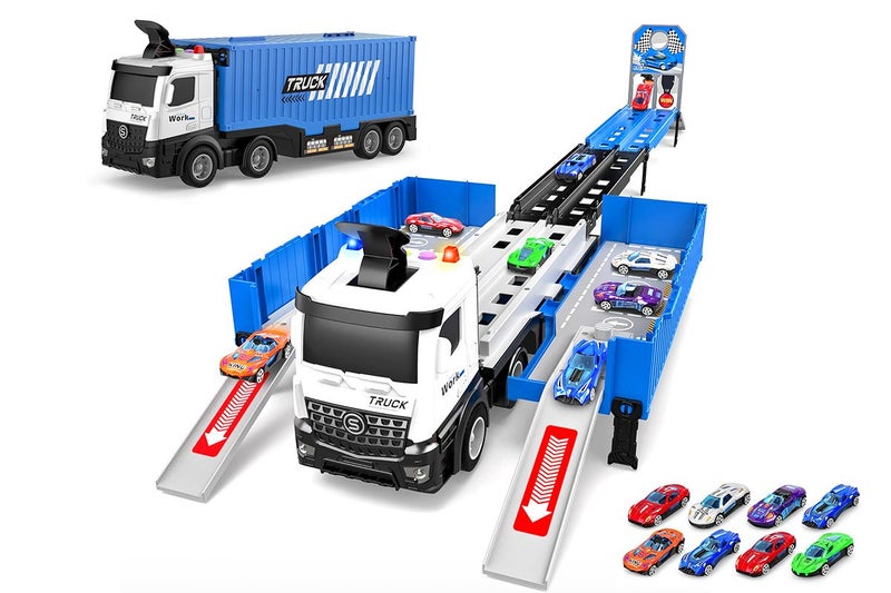 Car Carrier Transport with Race Track Mini Car Toys Set Big Truck Toys for -Blue Carousel 1
