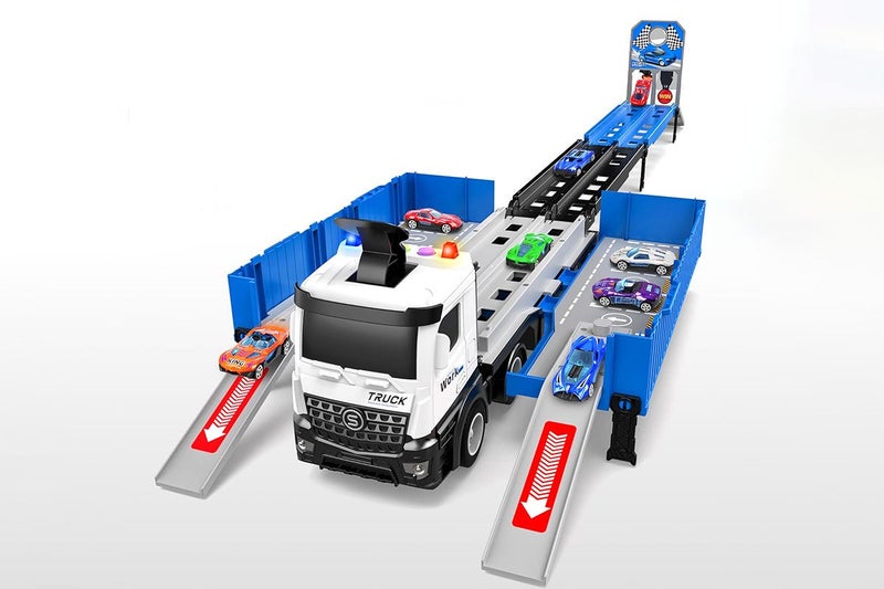 Car Carrier Transport with Race Track Mini Car Toys Set Big Truck Toys for -Blue Carousel 2