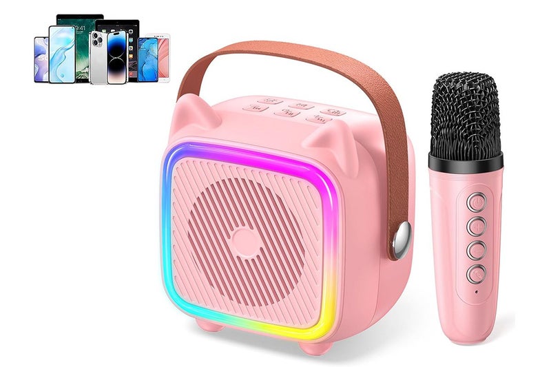 Mini Karaoke Machine Portable Bluetooth-Speaker with A Microphone-Pink Carousel 1