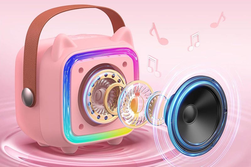 Mini Karaoke Machine Portable Bluetooth-Speaker with A Microphone-Pink Carousel 8