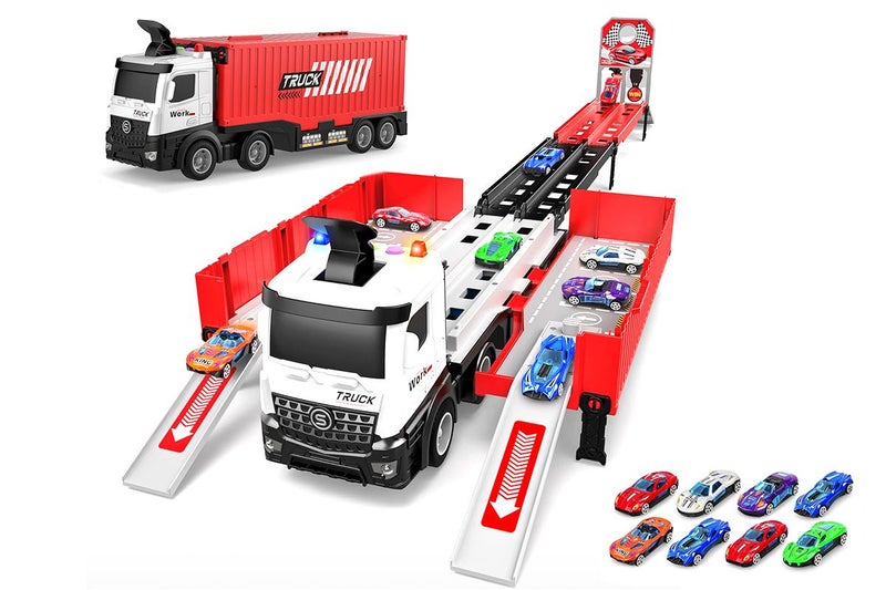 Car Carrier Transport with Race Track Mini Car Toys Set Big Truck Toys for -Red Carousel 1
